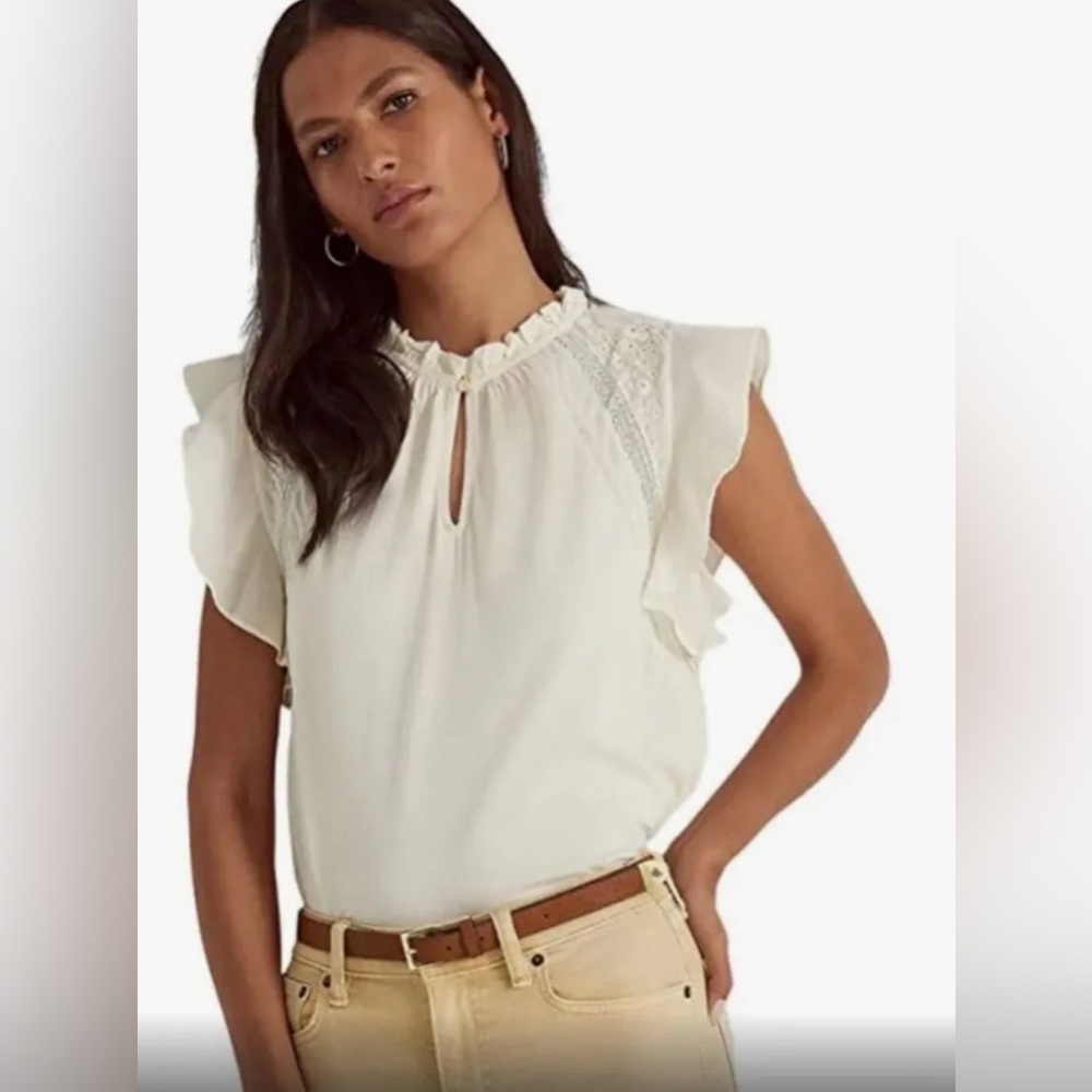 Lauren Ralph Lauren Cream Ruffle Lace Flutter Sleeve Blouse